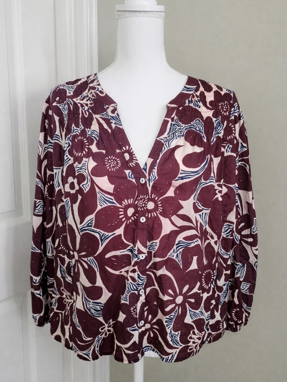VELVET Graham Spencer Anthropologie Eden Floral Cotton Boho Blouse Burgundy Wine